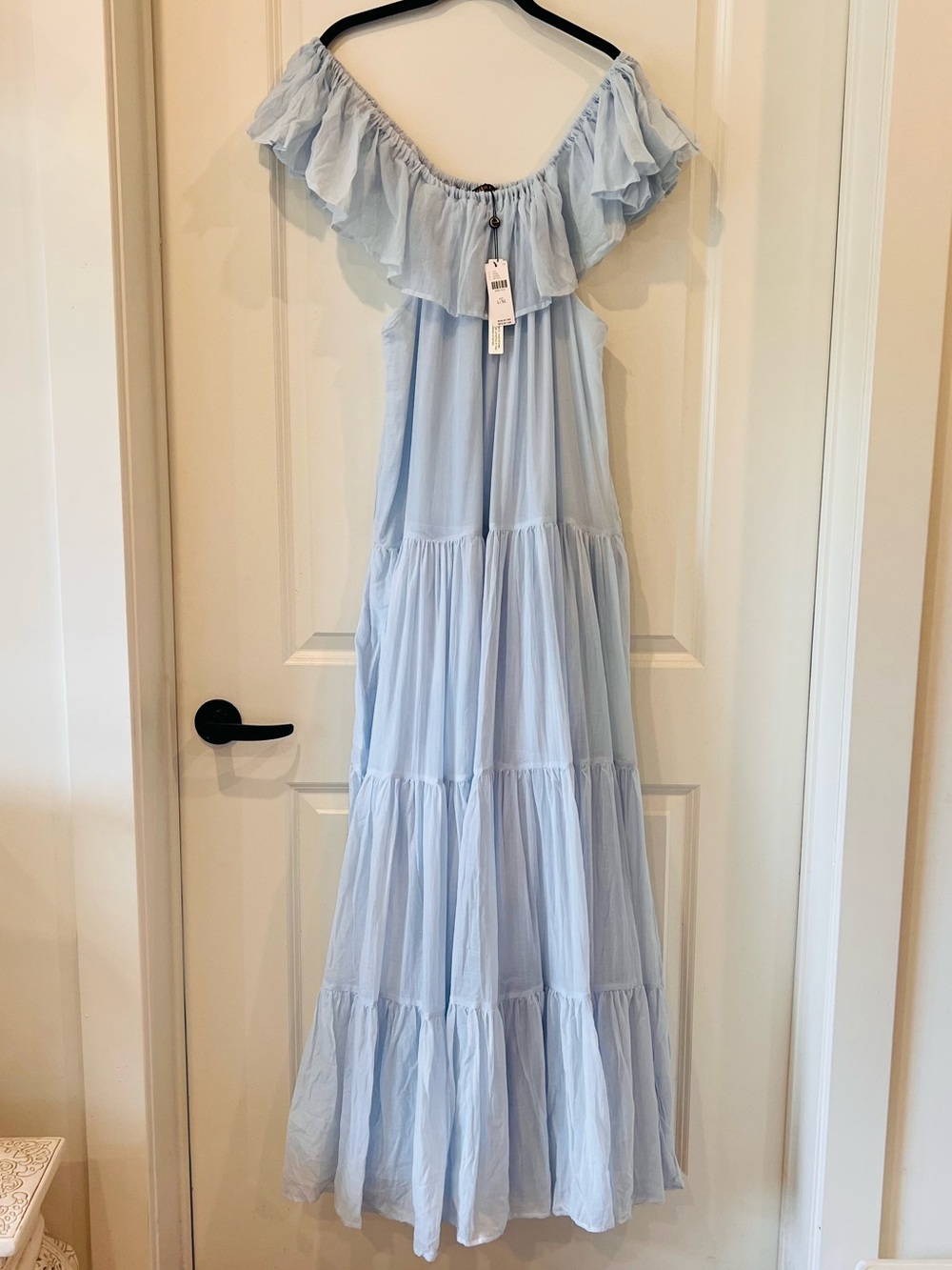 NWT Anthropologie x Erika Peña Off-Shoulder Tiered Maxi Dress in SKY BLUE - L/XL